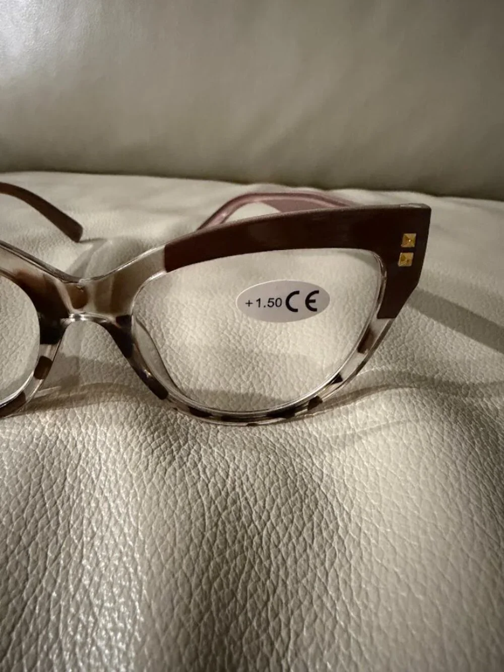Elegant Brown Cat Eye Readers +1.50 with Gold Stud Details